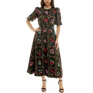Taylor Black Floral Scarf Print Belted Midi Dress Puff Sleeve Women's Size 10
